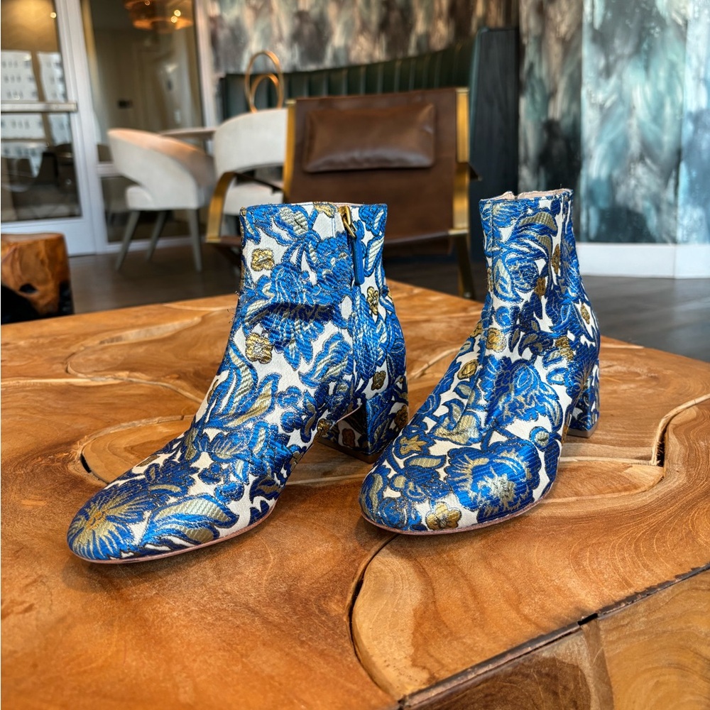 Tory Burch Floral Blue and Gold Ankle Boots